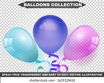 Helium Multi-Colored Realistic Glossy Balloons. Isolated On Transparent Background. Birthday Baloons Flying For Your Projects, Business, Design, Celebrations And Party. EPS10. Vector Illustration Set.