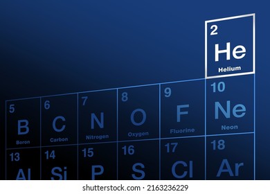 Helium on periodic table of the elements. Chemical element with symbol Al and atomic number 2. Inert, monatomic, noble gas, used as mixing gas for deep diving, for lasers and for scientific purposes.