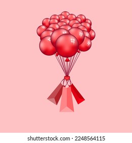 Helium red balloons with three gift boxes. Decorative design elements. Vector illustration balloon with the red gift box