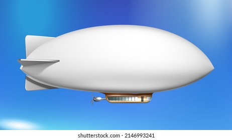 Helium Ship Blank Flying Transportation Vector. Inflatable Helium Ship Fly Transport In Cloudy Sky, Aircraft For Travel. Blimp Airship Cruising In Flight Template Realistic 3d Illustration