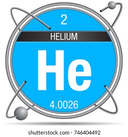 Helium symbol inside a metal ring with colored background and spheres orbiting around. Element number 2 of the Periodic Table of the Elements - Chemistry