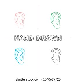 Helix piercing hoop hand drawn icons set. Pierced ear cartilage. Color brush stroke. Isolated vector sketchy illustrations