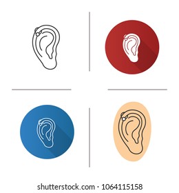 Helix piercing hoop icon. Pierced ear cartilage. Flat design, linear and color styles. Isolated vector illustrations