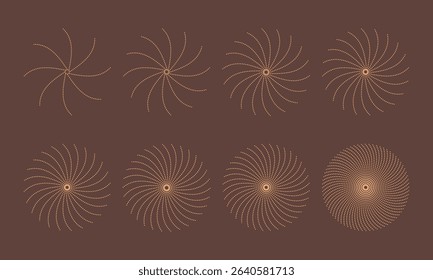 Helix round sunburst, explosion, curve dotted rays. Spiral abstract circle. Vector firework, geometric shape design.