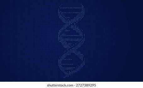 Estrutura de DNA em forma de hélice construída com dígitos azuis brilhantes em uma tela de matriz digital