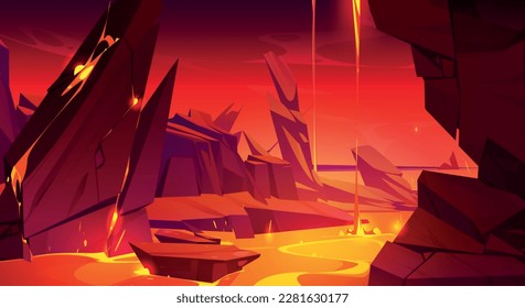 Hell background with lava in cave. Fantasy landscape with fiery magma flows in mountains. Scary scene with lava river in rocks crack, vector cartoon illustration