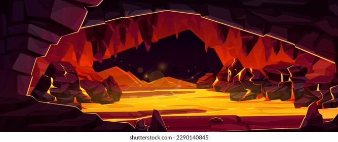 Höhle mit Lava und Vulkanstein Risse Vektorlandschaft. Geschmolzene heiße Magma-Szene mit Flammen in der Berghöhle unterirdisch. Game Adventure Tunnel Design. Geheimnisvolle Fantasy-Orte mit niemandem