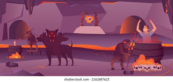 Hell cave scenery with hellhound and devils with pitchforks boiling sinners in cauldron flat vector illustration