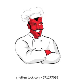 Hell of  Cook. Devils kitchen. Satan in chef Cook. Chef demon with horns. Red Beelzebub cooking in  restaurant. Scary Professional kitchen worker. Cook sinners