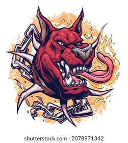 Hell dog head with broken chain vector illustration. 