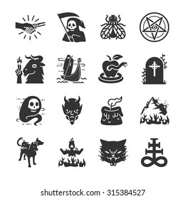 Hell and evil icon. Included the icons as devil, satan, ghost, black cat, death, fly and more.