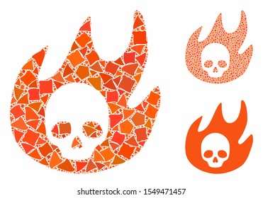 Hell fire composition of tuberous parts in various sizes and color tinges, based on hell fire icon. Vector tuberous dots are composed into composition. Hell fire icons collage with dotted pattern.