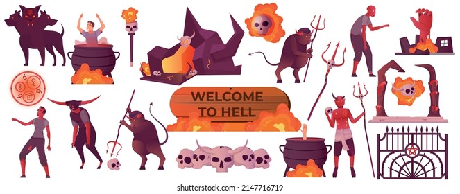 Hell flat set with underworld scenery elements evil characters devils sinners isolated against white background vector illustration