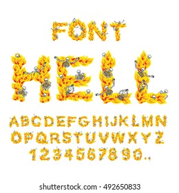 Hell font. inferno ABC. Fire letters. Sinners in hellfire. hellish Alphabet. Scrape down flame for sins. torture skeletons
