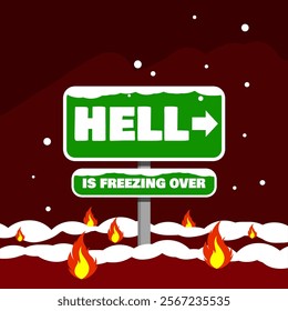 Hell is Freezing Over Day to celebrate on January 31st. Illustration of a road sign leading to hell and starting to snow.