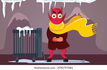 
Hell Freezing Over Vector Concept Illustration with Satan. Devil wearing warm clothing shivering when heat is not working 
