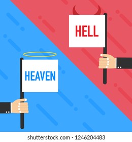 Hell or heaven. Angel and devil symbol. Good and bad on white background. Vector stock illustration.