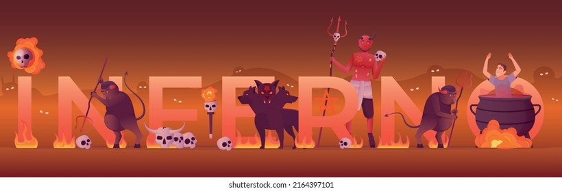 Hell inferno flat banner with burning text devils skulls sinner in cauldron on color background vector illustration