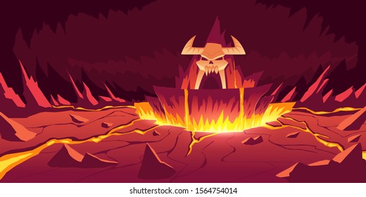 Hell landscape, cartoon vector illustration. Infernal stone cave with cracked hot rocks and volcanoes, flowing molten lava or liquid fire and horned skull, fiery game background