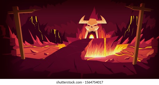 Hell landscape, cartoon vector illustration. Infernal stone cave and bridge, road to hell with heat rock and volcanoes, flowing molten lava or liquid fire and horned skull, fiery game background