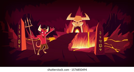 Hell landscape, cartoon vector illustration. Infernal devil stone cave and bridge, road to hell with heat rock and volcanoes, flowing molten lava or liquid fire and horned skull, fiery game background