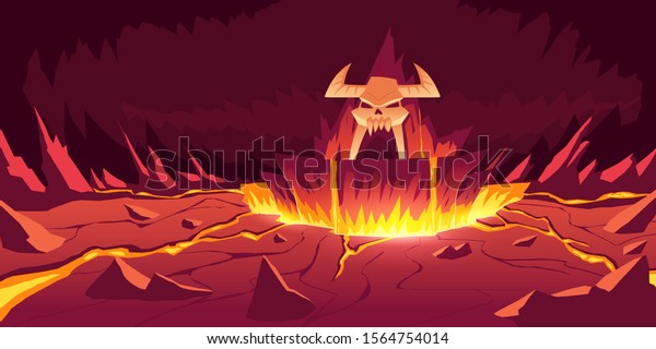 地獄の風景 漫画のベクターイラスト 熱い岩と火山が割れた下地の石窟 流れる溶岩または液体の火と角のある頭蓋骨 炎のようなゲームの背景 のベクター画像素材 ロイヤリティフリー