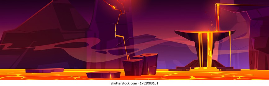 Hell landscape, infernal hot volcano cave with lava flow from cracked stones, rocks floating in liquid magma, computer game background, underground panoramic wallpaper, Cartoon vector illustration