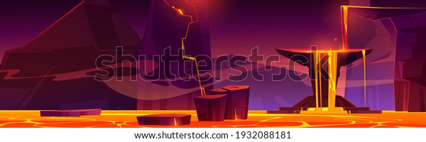 Hell landscape, infernal hot volcano cave\
with lava flow from cracked stones, rocks floating in liquid magma,\
computer game background, underground panoramic wallpaper, Cartoon\
vector illustration