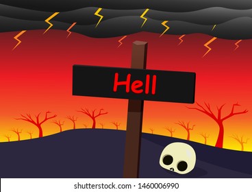 Hell landscape with signpost, skull and strom, vector