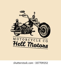 Hell Motors advertising poster. Vector hand drawn chopper for MC sign, label. Vintage detailed motorcycle illustration for custom biker company, garage logo.
