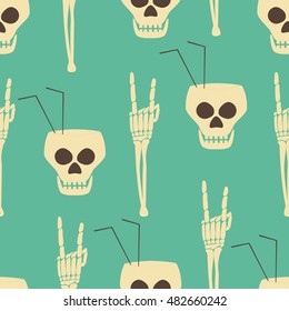 Hell party seamless pattern. Human skulls as goblets with drinking straws and skeleton hand in rock 'n' roll gesture. Halloween design print. Vector illustration for various creative projects