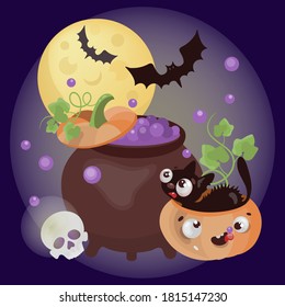 HELL POTION Happy Halloween Character Spooky Cook Magic Pink In Pot Isolated On Dark Background Hand Drawn Flat Style Vector Illustration Set