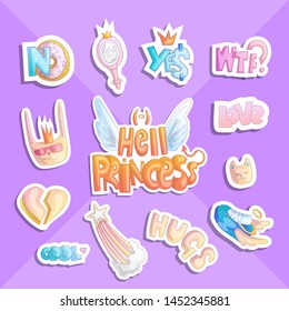 Hell princess sticker collection. Set of vector cute princess stickers and icons - star, donut, sneakers, cat, heart and other objects on princess little girl theme.