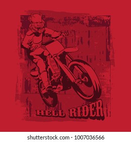 Hell rider. Vector hand drawn illustration of motorcyclist with vintage texture. Tattoo artwork. Template for card, poster, banner, print for t-shirt. 