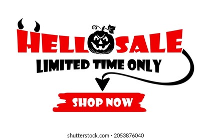 Venta de infierno con calabaza, cuernos y cola del diablo. Venta de Halloween oferta especial patrón de banner con letras hechas a mano para compras de vacaciones. Vector