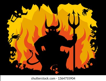 hell silhouette of Satan devil on the throne shadow skull fire vector illustration