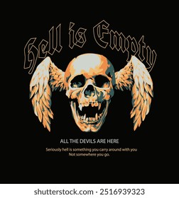 hell slogan with devil's skull and wings graphic vector illustration on black background