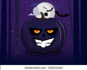 Hell smile pumpkin with a leaf and lighting eyes at moonlit night on Halloween, in a dark forest. Starry sky, fireflies, lush clouds and flocks of bats