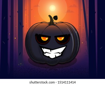 Hell smile pumpkin with a leaf and lighting eyes on the sunset on Halloween, in a dark forest. Orange sky, trees, fireflies and lush clouds