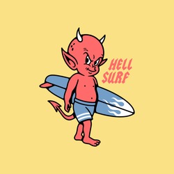 HELL SURF DEVIL BABY WITH SURF BOARD COLOR YELLOW BACKGROUND