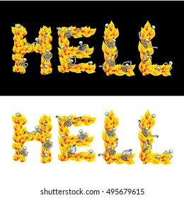 Hell text. fire letters. Skeletons in inferno. Sinners in Gehennal. Satanic symbol. hellish thick
