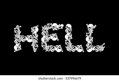 Hell typography. Letters from bones. Anatomy lettering. Death sign. Skull and spine. jaw and pelvis