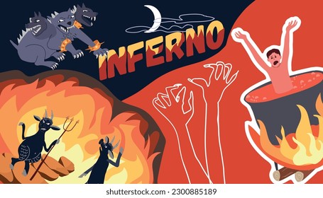 Hell underworld composition with collage of flat icons with characters of devils beast and boiling human vector illustration