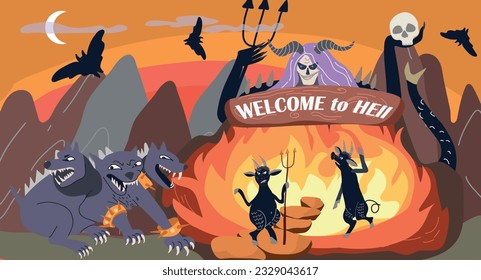 Hell underworld flat composition with mountain landscape burning fire flying bats and with skulls and moon vector illustration