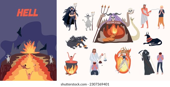 Composición plana del infierno en el submundo de personas que se queman bajo tierra y conjunto aislado de criaturas míticas ilustración vectorial