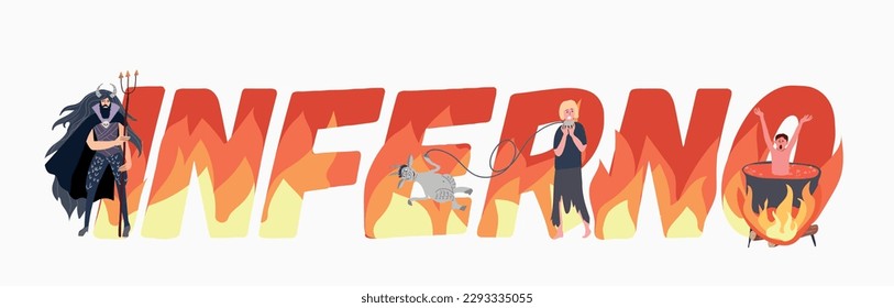 Hell underworld flat composition with text burning fire flames and characters of evil people with devil vector illustration