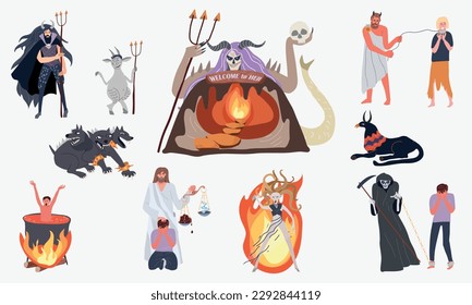 Hell underworld flat set of isolated icons with cartoon style devils holding tridents with burning fire vector illustration