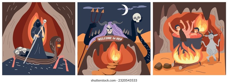 Hell underworld set of three square compositions with mythical scenes of afterlife with drowning and burning vector illustration