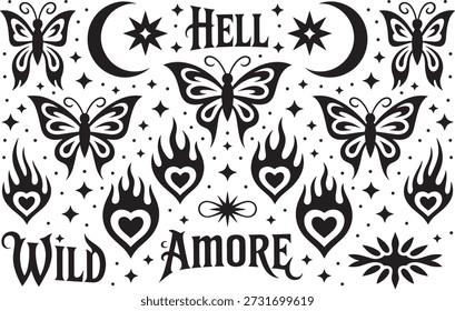 Hell Wild Amore tattoo design combines mystical elements like butterflies, flames, and hearts in a stylized black and white illustration, perfect for those seeking unique body art.