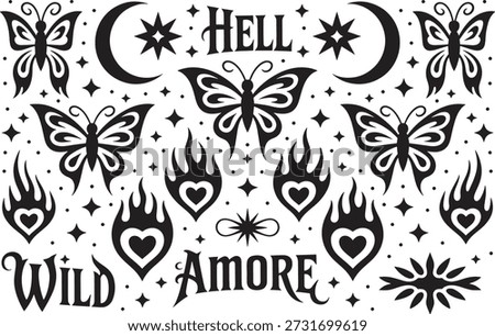 Hell Wild Amore tattoo design combines mystical elements like butterflies, flames, and hearts in a stylized black and white illustration, perfect for those seeking unique body art.